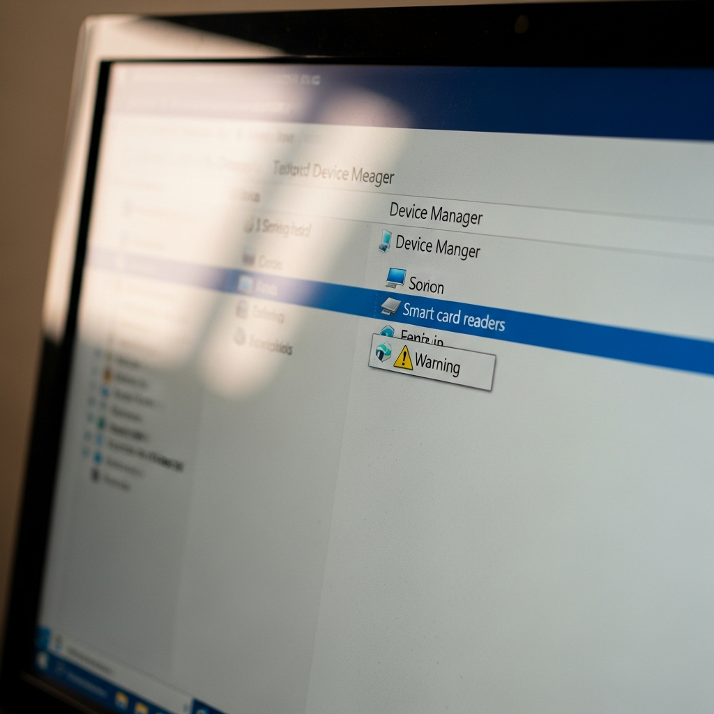 Windows Device Manager showing Smart card readers section with driver warning for CAC reader troubleshooting