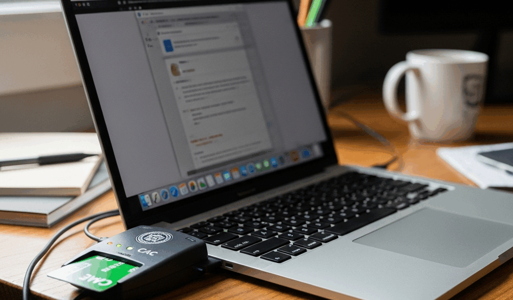 CAC card reader plugged into MacBook on desk